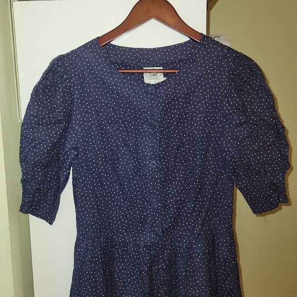Laura Ashley vintage 3/4 sleeve polka dot midi dress blue yellow size 10 - Picture 2 of 12